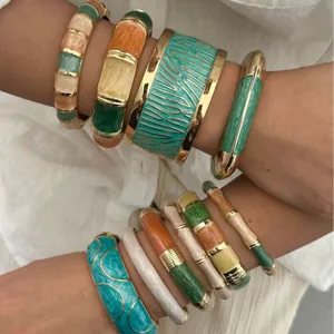 Bohemian Enamel-Look Hand-Dripping Oil Alloy Open Bangle For Women Colorful Geometric Wave Bamboo Style Holiday Vacation Jewelry