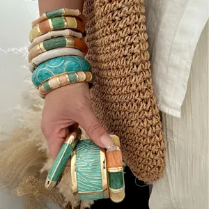 Bohemian colorful enamel bangles set for women, stylish summer vacation jewelry on arm