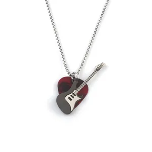 Rock style stainless steel guitar pick necklace with black electric guitar pendant for men