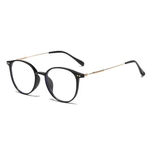 Ultra-light round frame anti-blue light glasses for women with gold metal temples