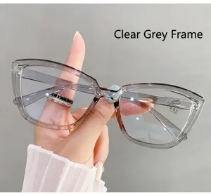 Stylish transparent gray cat-eye glasses featuring anti-blue light and UV400 lenses.