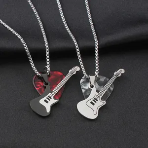 Detailed close-up of stainless steel guitar pick pendant necklace with metal chain for couples.