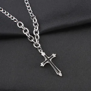 Collier chaîne cubaine en acier inoxydable pour homme avec pendentif croix noire, chic