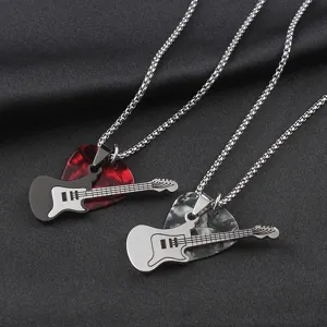Stainless steel guitar pick and electric guitar pendant couple necklace detail view showcase.