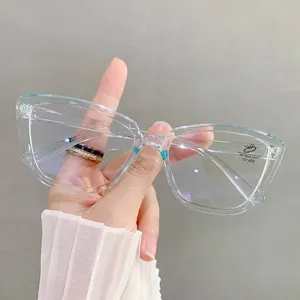 Detailed view of transparent mint green cat-eye glasses with anti-blue light lenses