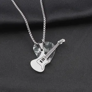 Stainless steel guitar and pick pendant necklace for men hip hop style jewelry detail view.