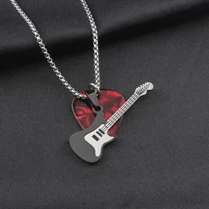 Close-up detail shot of guitar pick pendant stainless steel necklace for men music fan.