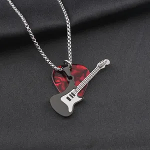 Men's Stainless Steel Guitar Pick Pendant Necklace Hip Hop Music Jewelry for Couples