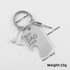 Detail view of 'Best Dad Ever' stainless steel dog tag keychain with tool charms and dimensions.