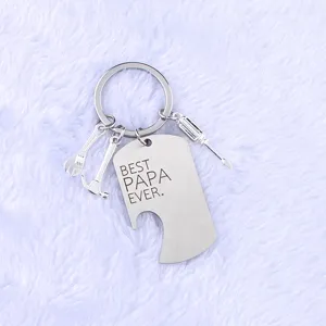 Stainless Steel Dog Tag Bottle Opener Keychain Father's Day Gift For Dad Papa Husband Engraved Keychain With Mini Tools Wrench Hammer Screwdriver