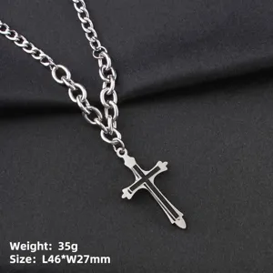 Collier à chaîne cubaine en acier inoxydable pour homme avec pendentif croix bicolore