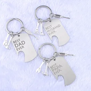 Stainless steel dog tag keychains with tool charms and Father's Day engravings