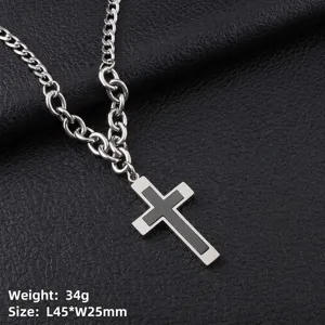 Collier pour homme avec pendentif croix en acier inoxydable argenté et noir sur chaîne cubaine
