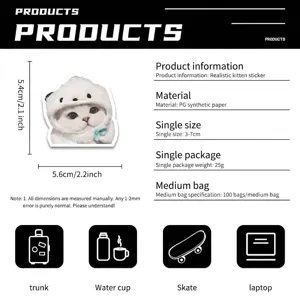Product details and dimension specifications for realistic kitten vinyl stickers