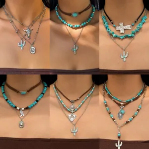 Boho Ethnisch Künstliche Türkis Kaktus Anhänger Mehrlagiges Halsketten-Set Für Damen Vintage Zinklegierung Perlen Pulloverkette Schmuck