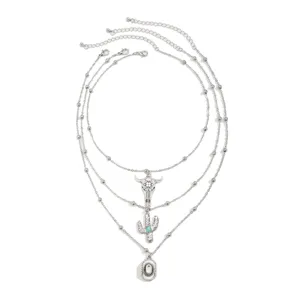 Boho Mehrlagige Halskette Set mit Kaktus und Türkis Anhängern für Damen Mode