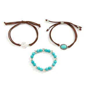 Boho 3er Set Türkis Perlenarmbänder mit Silber Kaktus und ovalen Stein Anhängern