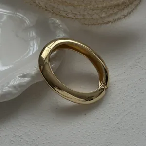 Close-up of elegant gold-toned alloy hinged bangle with smooth polished finish.