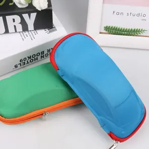 Car-shaped cute kids sunglasses case zipper closure close-up view