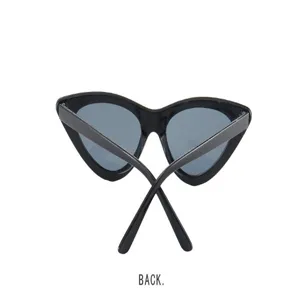 Vista posteriore dettagliata di occhiali da sole neri cat-eye con design a montatura triangolare