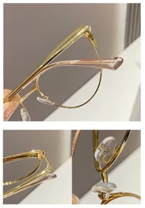 Vista detallada de la montura de gafas de metal dorado con bisagras y almohadillas
