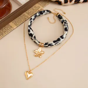 Leopard print silk scarf choker necklace set with gold flower and heart pendants