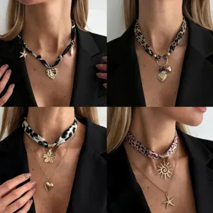 European Retro Maillard Leopard Print Scarf Necklace For Women Alloy Lava Heart Starfish Artificial Pearl Jewelry