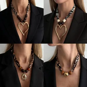 Vintage leopard print silk scarf necklace set with golden lava heart charms for women