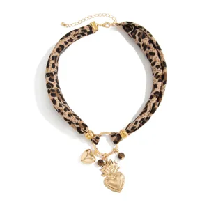 Vintage leopard print scarf necklace with gold lava heart pendants and extension chain