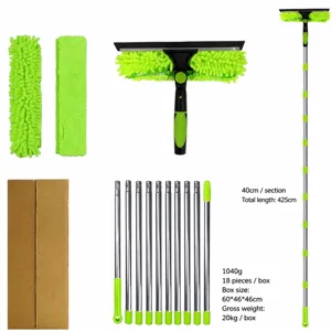 Window Cleaning Squeegee Kit With Long Extension Pole Microfiber Scrubber And Replacement Cloth Heads For High Glass Windows Household Cleaning