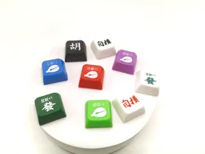 Close-up detail of colorful macaron mechanical keycaps with creative Chinese character prints