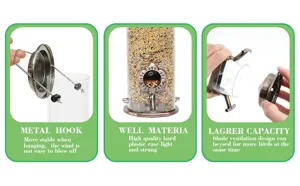 Outdoor hanging metal bird feeder with clear plastic container and flower feeding port design.