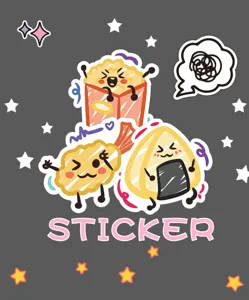 Cute original food doodle stickers featuring popcorn, tempura and onigiri characters.
