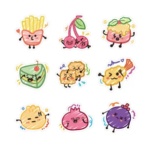 Detailed view of nine colorful hand-drawn food character stickers for journal decoration