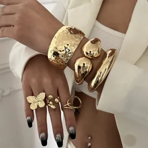 Schwerindustrie-Design Glatter Doppel-Wassertropfen Armreif Für Damen Legierung Gehämmerte Textur Offenes Armband Geometrischer Ins-Stil Modeschmuck Set Gold Silber