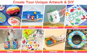 Acrylic paint marker DIY creation scene showing rock wood ceramic paper glass plastic canvas art