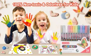 Acrylic marker pen set with 24 vibrant colors for kids art creation and rock painting.