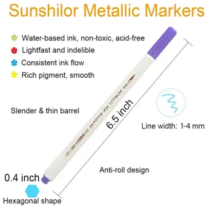 Detailansicht des lila Sunshilor Metallic-Markers mit Maßen und Tintenmerkmalen