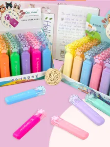 Cute cat claw highlighter set, pastel macaron colors, soft nylon tip eye-protecting pens for study.