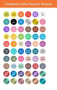 Comprehensive color chart for acrylic markers featuring 60 vibrant shades and numeric codes.