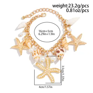 Bohemian starfish and shell charm bracelet with pearl accents and size specifications.