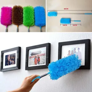 Telescopic microfiber feather duster with bendable head for easy household cleaning tasks.