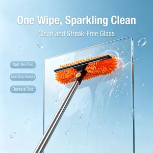 Detail of 4-in-1 window cleaning scraper on a glass surface with water droplets