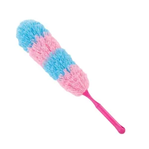 Household electrostatic duster with fluffy colorful fibers and pink handle for cleaning.