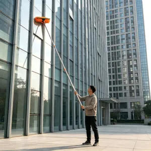 Professional man cleaning glass building using extra long extension window cleaning pole