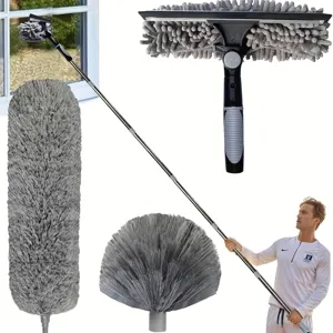 Dual Functional Glass Cleaning Tool With Stainless Steel Extension Pole Adjustable Microfiber Duster Cobweb Brush High Window Squeegee Scraper For Home Bathroom Office
