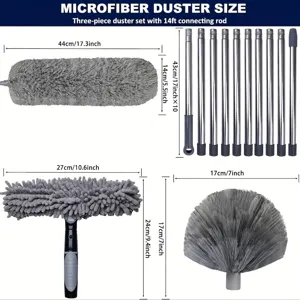 Microfiber duster set size chart featuring a 14ft rod and three cleaning attachments