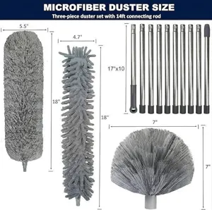 Extendable microfiber duster set with 14ft connecting rod and three unique cleaning heads