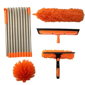 4-in-1 window cleaning kit with stainless steel splicing poles and orange brush heads