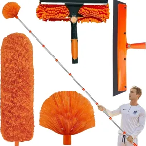 Professional window cleaning kit with telescopic extension pole and orange microfiber duster